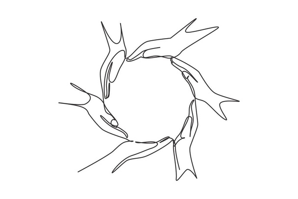Одна сплошная линия рисования ладоней и жест рукой круга. Знак или символ защиты, сотрудничества, заботы. Общение с помощью жестов. Графическая векторная иллюстрация - Вектор,изображение