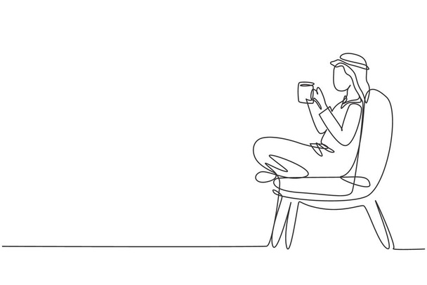 Single continuous line drawing tea time. Relaxed Arabian boy sitting in modern chair, enjoying hot coffee in front of window, side view, free space. One line draw graphic design vector illustration - Vector, Image