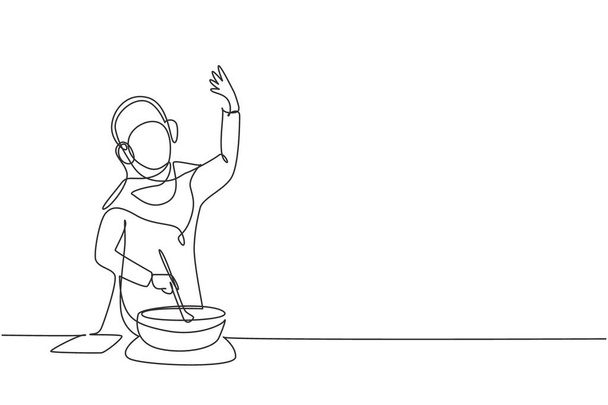 Single continuous line drawing young Arab woman cooking and listening to music in kitchen. Healthy food and lifestyle concept. Cooking at home. Prepare food in kitchen. Dynamic one line draw graphic - Vector, Imagen