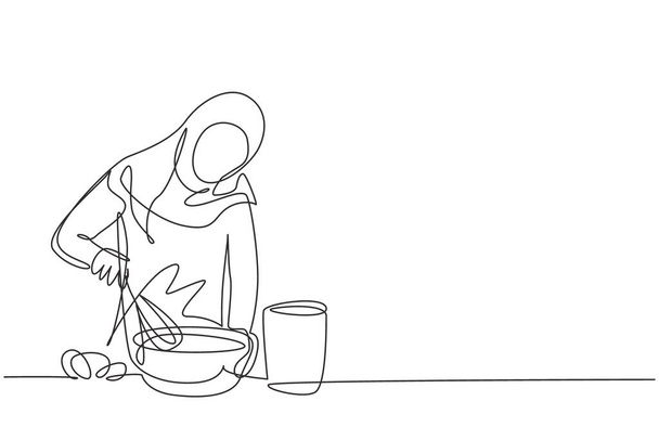 Continuous one line drawing Arabian woman talks on smartphone while preparing dinner in cozy kitchen and knead cake dough using manual hand mixer. Single line draw design vector graphic illustration - Vector, imagen
