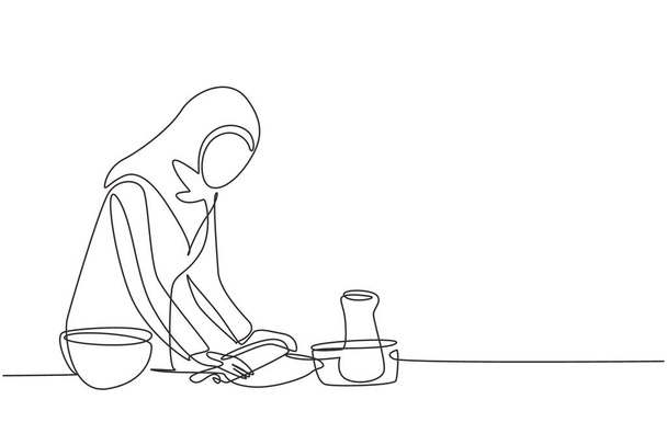 Eine einzige Zeile zeichnet eine arabische Frau, die am gemütlichen Küchentisch mit Nudelholz Plätzchenteig herstellt. Backen und hausgemachte Pizza zu Hause. Moderne kontinuierliche Linienzeichnung Design Grafik Vektor Illustration - Vektor, Bild
