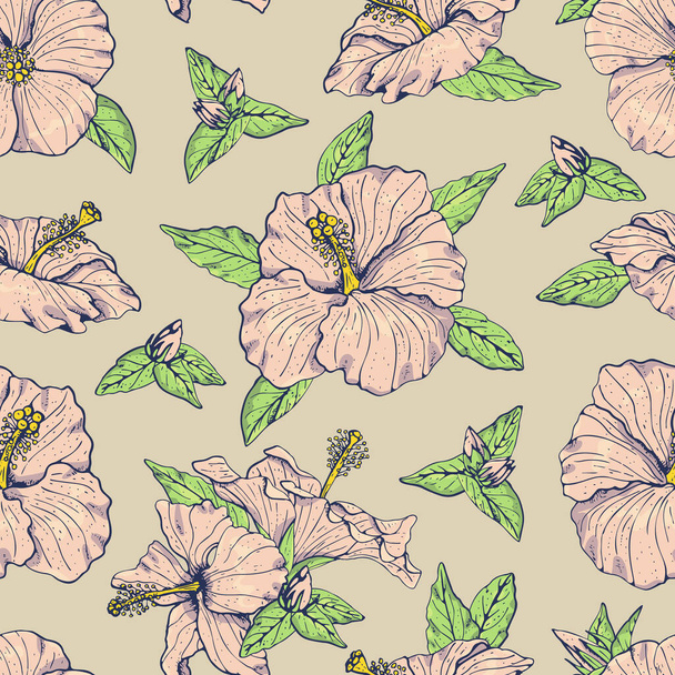 Vintage nahtlose Muster mit Line Art rosa Hibiskusblüten, Knospen und Blättern, mit dunklen Umrissen. Auf beigem Hintergrund. - Vektor, Bild