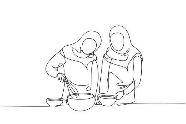 Single continuous line drawing two Arab woman talks on smartphone while preparing dinner in cozy kitchen and knead cake dough using manual hand mixer. One line draw graphic design vector illustration - Vector, imagen