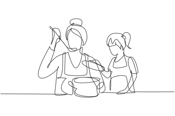 Continuous one line drawing little daughter holding pan lid and her beautiful mom tasting food using cooking spoon. Cooking together in kitchen. Single line draw design vector graphic illustration - Vektori, kuva