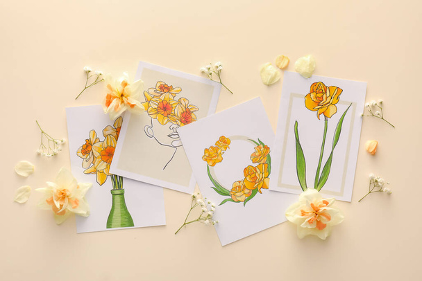Belos cartões de felicitações e flores em fundo de cor - Foto, Imagem