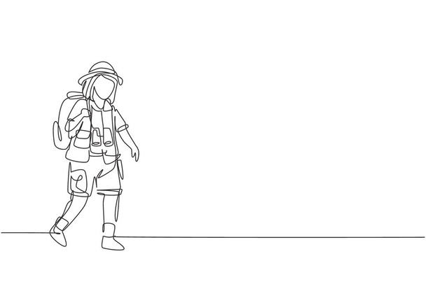 Continuous one line drawing girl wearing safari outfit complete with hat carrying bag and draping binoculars. Little adventurer learns about nature. Single line draw design vector graphic illustration - Vector, Image