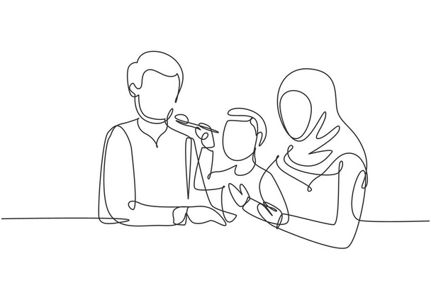 One one line drawing Arabian family having fun together in modern restaurant. Мальчик кормит отца любовью. Счастливая семейная концепция. Непрерывная графическая векторная иллюстрация - Вектор,изображение