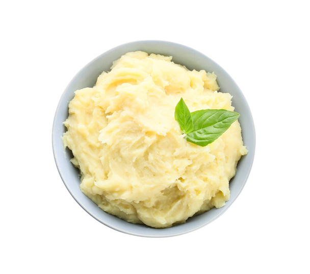 Bowl with tasty mashed potatoes on white background - Fotoğraf, Görsel