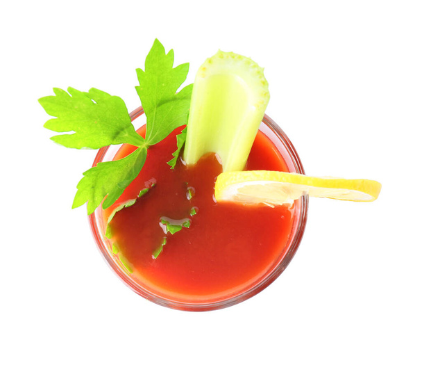 Glass of tasty bloody Mary cocktail on white background - Photo, Image