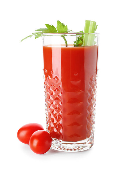 Glass of tasty bloody Mary cocktail on white background - Photo, Image