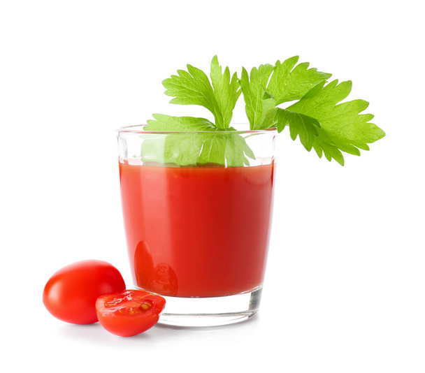 Glass of tasty bloody Mary cocktail on white background - Foto, afbeelding