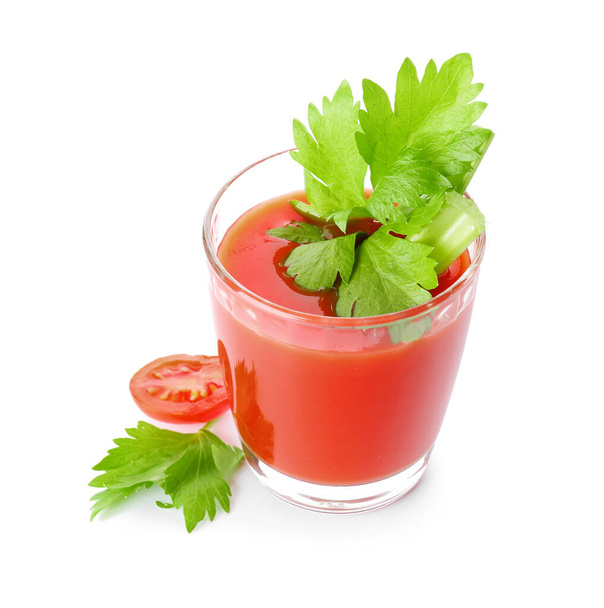 Glass of tasty bloody Mary cocktail on white background - Фото, зображення