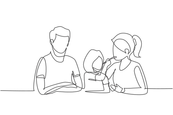 Single continuous line drawing young family having fun together in modern restaurant. Daughter feeds her mother with love. Happy little family concept. One line draw graphic design vector illustration - Wektor, obraz