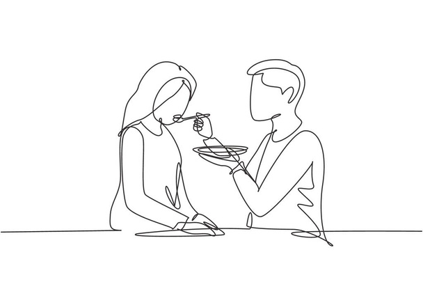 Непрерывная линия, изображающая романтического мужчину, кормит его жену. Счастливая молодая пара ужинает вместе в ресторане. Празднуйте годовщины свадьбы. Векторная графическая иллюстрация - Вектор,изображение