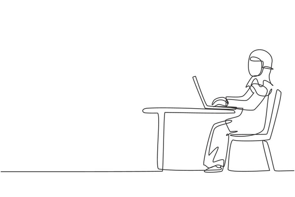 Single one line drawing Arabian girl with laptop sitting on chair around desk. Distance learning, online courses, and studying concept. Modern continuous line draw design graphic vector illustration - Διάνυσμα, εικόνα