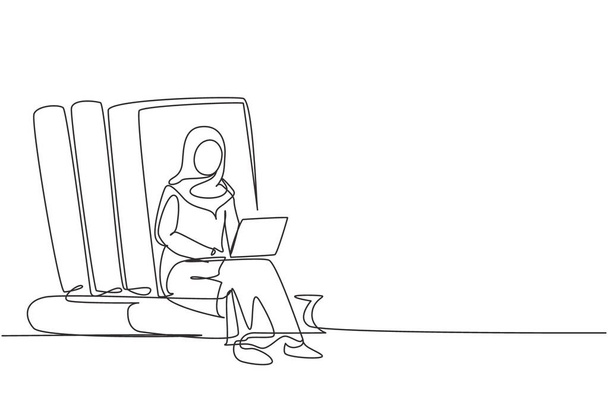 Single continuous line drawing Arabian woman studying with laptop and sit and lean on big books. Back to school, intelligent student, online education. One line draw graphic design vector illustration - Vektor, kép