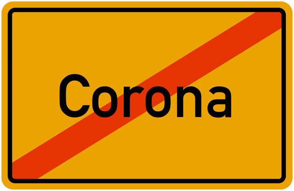 An illustration of red crossed line with Corona text in the center isolated on a dark-yellow background - Фото, зображення