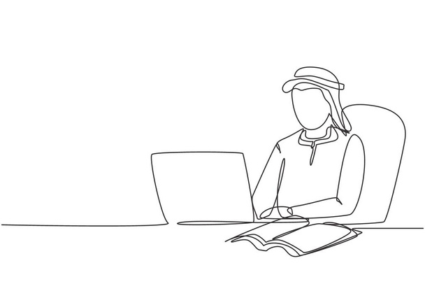 Einzeilige Zeichnung eines arabischen Mannes, der mit Laptop und aufgeschlagenem Buch studiert. Zurück zur Schule, intelligenter Schüler, Online-Bildungskonzept. Moderne kontinuierliche Linienzeichnung Design Grafik Vektor Illustration - Vektor, Bild