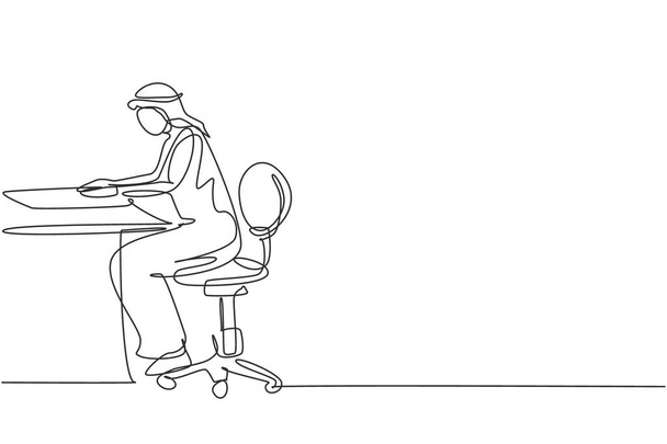 One one line drawing young Arab male reading, learning and sitting on chair around table. Учиться в библиотеке. Умный студент, образование. Графическая векторная иллюстрация - Вектор,изображение