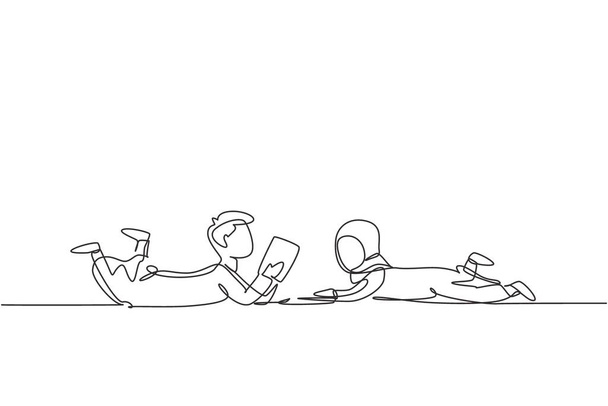 Single one line drawing two Arabian kids boy and girl reading, learning and laying down on the floor. Study at home. Smart students, education. Continuous line draw design graphic vector illustration - Vector, Image