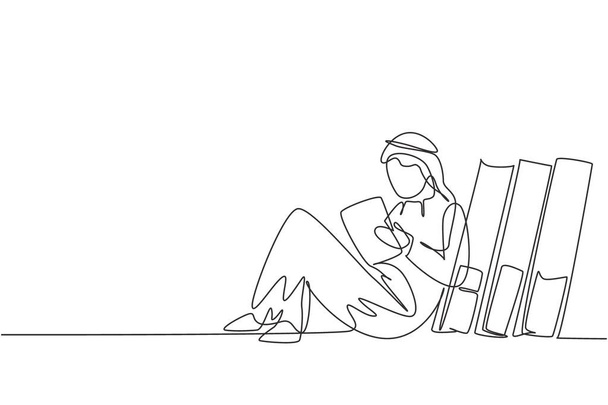 Single continuous line drawing young Arabian male reading, learning and backrest on pile of big books. Study at home. Smart student, education. Dynamic one line draw graphic design vector illustration - Vettoriali, immagini
