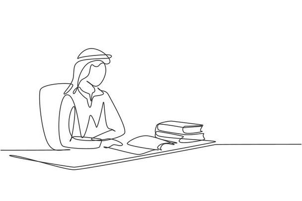 Непрерывная одна строка, изображающая молодого арабского мужчину, читающего, изучающего и сидящего на стуле за столом. Учиться в библиотеке. Умный студент, концепция образования. Векторная графическая иллюстрация - Вектор,изображение