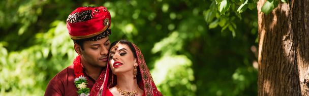 Uomo indiano in turbante che guarda la sposa con mehndi in sari e velo, striscione - Foto, immagini