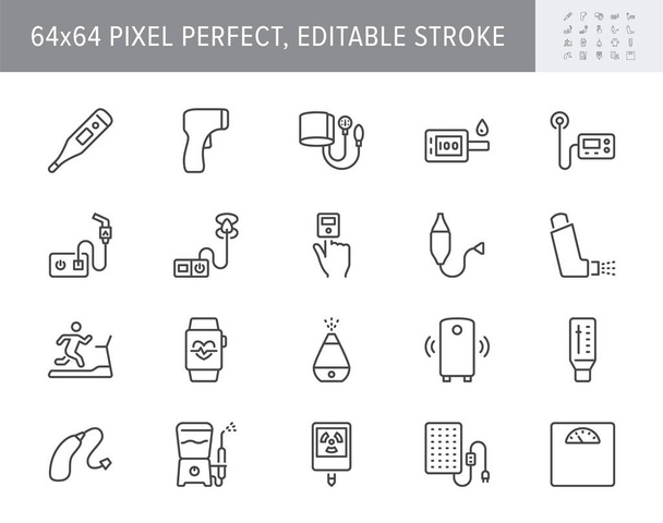 Osobiste ikony linii urządzeń medycznych. Ilustracja wektorowa obejmuje ikonę - termometr, glukometer, pompę insulinową, piktogram zarysu dla sprzętu gospodarstwa domowego. 64x64 Pixel Perfect, edytowalny Stroke - Wektor, obraz