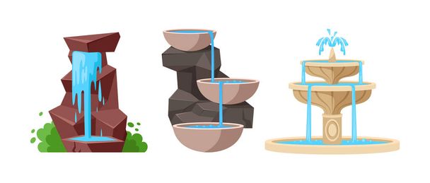 Set of water fountains natural stone, natural geyser waterfalls and water splash. Vintage modern architecture decor with splashing drops. Outdoor park decoration with architectural elements vector - Вектор,изображение