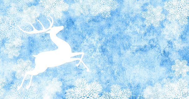 Christmas background with old paper texture of blue color and deer silhouette. Horizontal xmas backdrop with cute wild deer. Mock up template. Copy space for text - Photo, Image