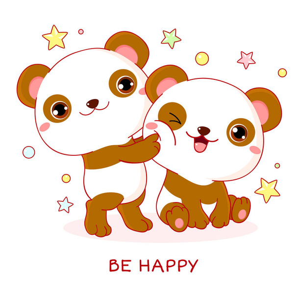 Square greeting card with kawaii pandas - Vector, imagen