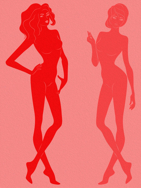 Two silhouette of abstract slender and sensual women in red hues, hand drawing outline - Foto, Bild