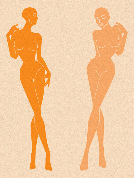 Two silhouette abstract beautiful and graceful women with closed eyes isolated on the beige background - Zdjęcie, obraz