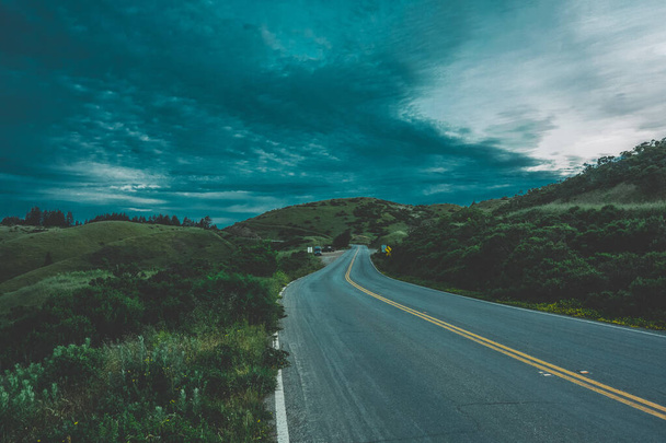 Kırsalda akşam vakti bulutlu bir gökyüzünün altında yeşilliklerle çevrili bir yol manzarası. - Fotoğraf, Görsel