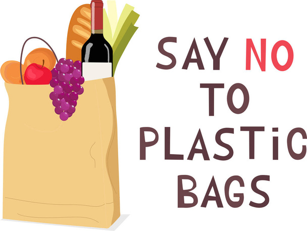 Eco Paper Grocery Einkaufstasche. Papiertüte mit frischem Gemüse, Brot und einer Flasche Wein. Zero Waste. Keine Plastiktüten. Vektorflache Illustration  - Vektor, Bild
