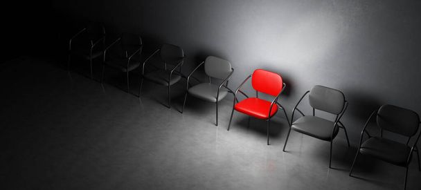 Piros szék reflektorfényben egy sor fekete székben. 3D illusztráció - Fotó, kép
