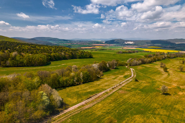 Aerial View Of Agricultural Landscape in Slovakia With Fields And Forest In Summer Season. Beautiful Rural Landscape From Birds eye View. - Foto, imagen