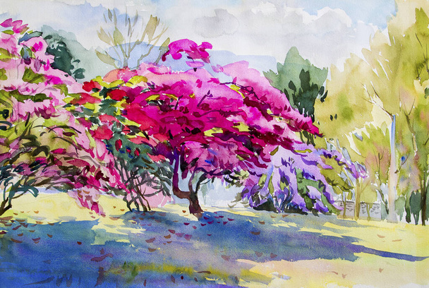 要旨水彩画の原画ピンク、紙の花や青空と牧草地の紫の色。春、季節冬の自然背景、緑の葉、印象派の塗装、抽象的なイメージ - 写真・画像