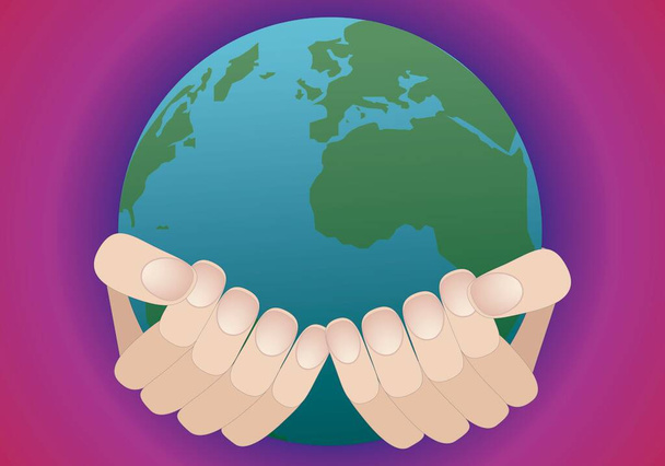 Die globale Erwärmung in Ihren Händen. Hände halten den Planeten Erde auf blauem, violettem, violettem und rotem Hintergrund - Vektor, Bild