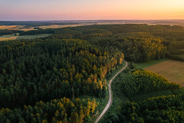 Aerial drone view of forest road in rural countryside during golden summer sunset - Photo, Image