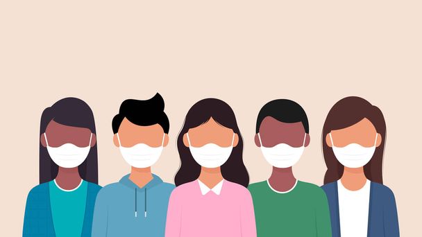 Gruppo di persone che indossano maschere mediche per prevenire il virus della corona, inquinamento mondiale.Illustrazione vettoriale - Vettoriali, immagini