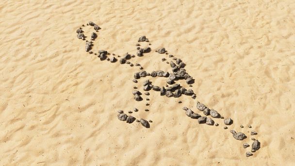 Concept conceptual stones on beach sand handmade symbol shape, golden sandy background, tennis player sign.  A 3d illustration metaphor for sport, competition, training,  relaxation, family and fun - Photo, Image