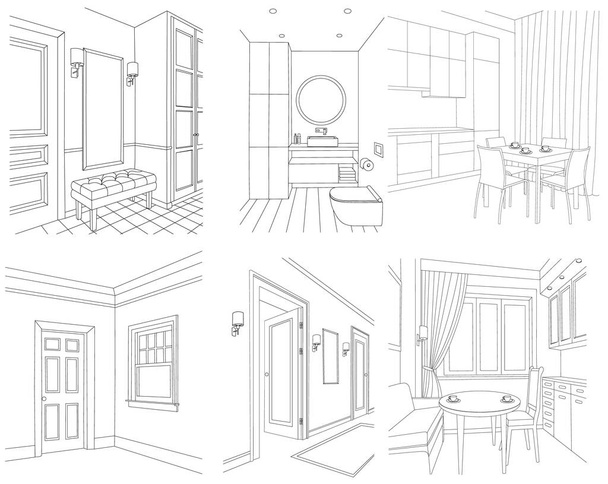 kuchyně, záchod, předsíň, kresba, izolovaná, vektor - Vektor, obrázek