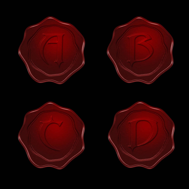 3d renderelés piros viasz pecsét ábécé fekete alapon - betűk A-D - Fotó, kép
