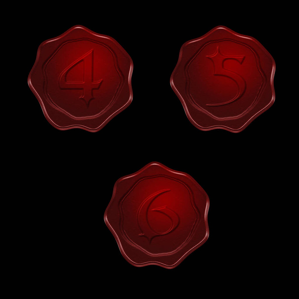 3d renderelés piros viasz pecsét ábécé fekete alapon - számjegyek 4-6 - Fotó, kép