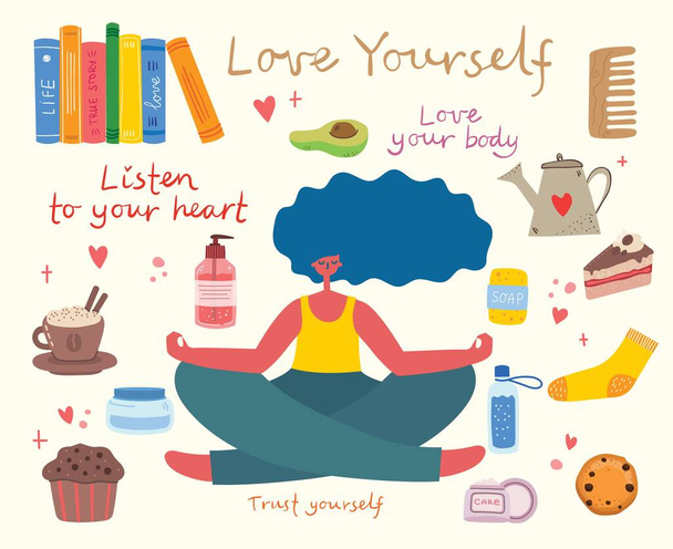 Hören Sie auf Ihr Herz. Liebe dich selbst. Vector Lifestyle Konzeptkarte mit Text vergessen Sie nicht, sich selbst im flachen Stil zu lieben - Vektor, Bild