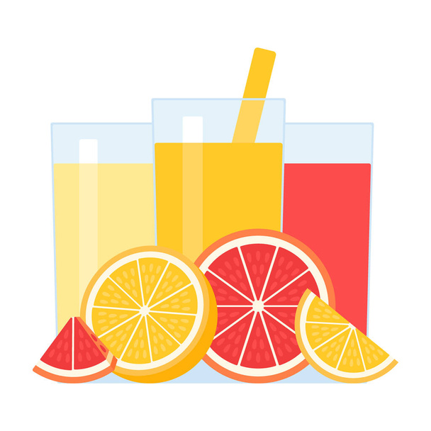 Succo di agrumi di frutta fresca in bicchiere e paglia per bere. Bevanda di frutto con arancia, pompelmo, limone. Illustrazione vettoriale isolata su sfondo bianco - Vettoriali, immagini