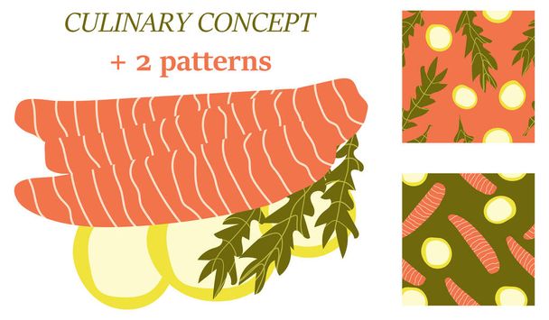 salmón de pescado rojo para la ilustración de menú de alimentos de sushi Fondo blanco aislado.Dos patrones de bonificación. - Vector, Imagen