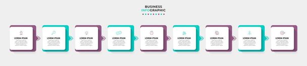 Vector Infographic design illustration plantilla de negocio con iconos y 9 opciones o pasos. Se puede utilizar para diagrama de proceso, presentaciones, diseño de flujo de trabajo, banner, diagrama de flujo, gráfico de información - Vector, Imagen