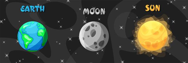 Bright cartoon earth, moon and sun on space background. Flat collection of heavenly bodies. Vector illustration. - Vector, Image